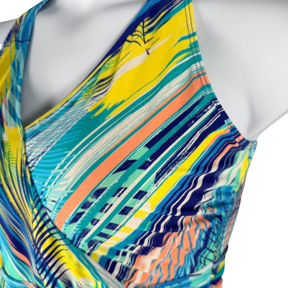 D&Co Beach Womens Blue Yellow Tropical Palm Halter Swimdress One Piece Size 12